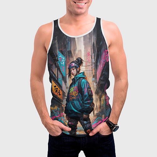 Мужская майка без рукавов Японская девушка в худи / 3D-Белый – фото 3