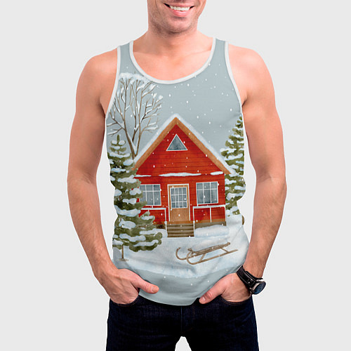 Мужская майка без рукавов Красный дом в зимнем лесу / 3D-Белый – фото 3