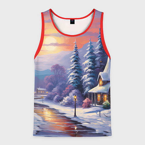Мужская майка без рукавов Заснеженный новогодний лес чудес / 3D-Красный – фото 1