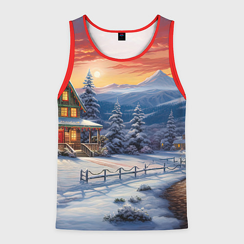 Мужская майка без рукавов Зимний праздник в сказочном городке / 3D-Красный – фото 1