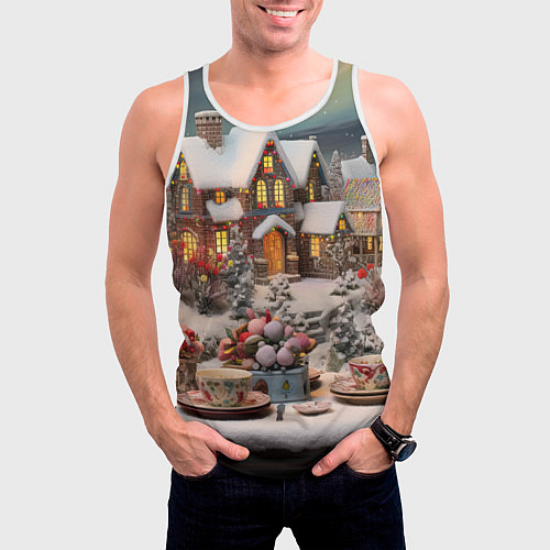 Мужская майка без рукавов Объемные новогодние домики / 3D-Белый – фото 3