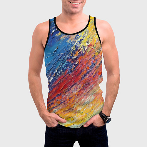 Мужская майка без рукавов Смешение масляных красок синий жёлтый красный живо / 3D-Черный – фото 3