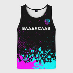 Майка-безрукавка мужская Владислав и неоновый герб России посередине, цвет: 3D-черный