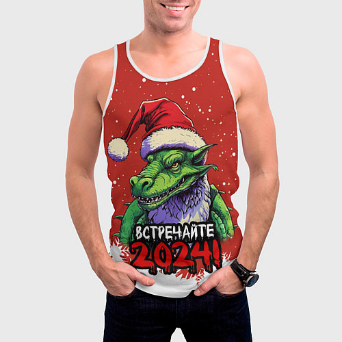 Мужская майка без рукавов Встречайте 2024 год зеленого дракона / 3D-Белый – фото 3