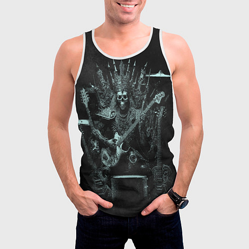 Мужская майка без рукавов Скелет музыкант король метала на троне / 3D-Белый – фото 3