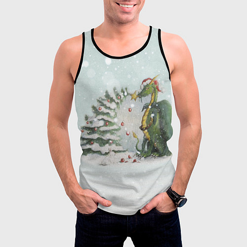 Мужская майка без рукавов Дракон у наряженной ёлки и заяц беляк / 3D-Черный – фото 3