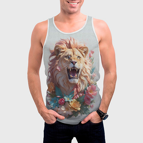 Мужская майка без рукавов Голова льва в цветах на холсте / 3D-Белый – фото 3