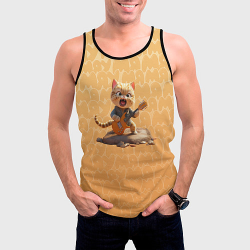 Мужская майка без рукавов Рыжий кот с гитарой / 3D-Черный – фото 3