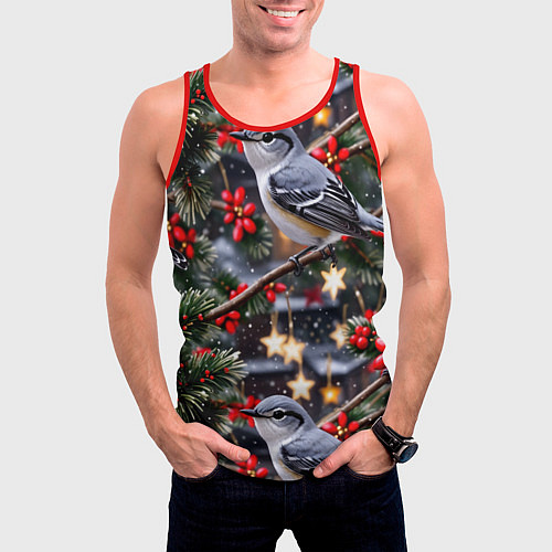 Мужская майка без рукавов Рождественская птица пересмешник / 3D-Красный – фото 3