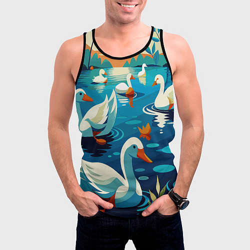 Мужская майка без рукавов Гуси лебеди вода / 3D-Черный – фото 3