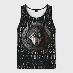 Майка-безрукавка мужская Волк воин в орнаменте полустёртых рун, цвет: 3D-черный