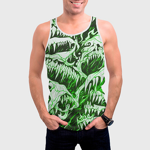 Мужская майка без рукавов Белые клыки на зелёном фоне / 3D-Белый – фото 3