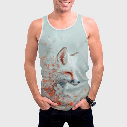 Мужская майка без рукавов Белый лис в цветах / 3D-Белый – фото 3