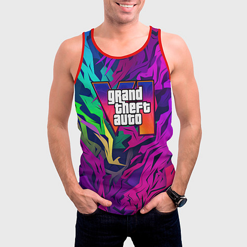 Мужская майка без рукавов Gta лого фиолетовый камуфляж / 3D-Красный – фото 3