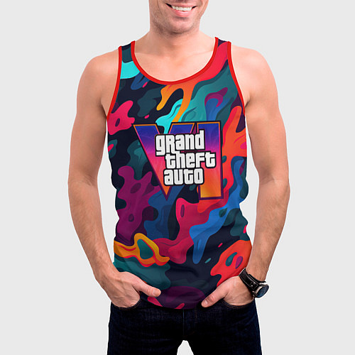 Мужская майка без рукавов Gta лого камуфляж кислотные кляксы / 3D-Красный – фото 3