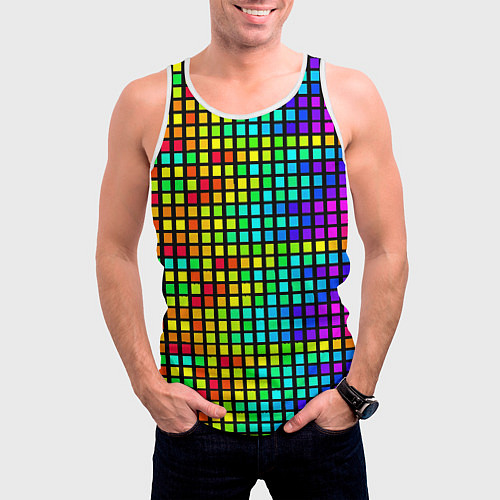 Мужская майка без рукавов Разноцветные квадраты на чёрном фоне / 3D-Белый – фото 3