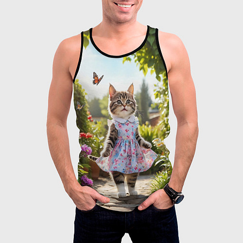Мужская майка без рукавов Кошка в летнем платье в саду / 3D-Черный – фото 3