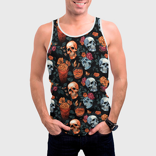 Мужская майка без рукавов Весёлые черепа в кустах / 3D-Белый – фото 3