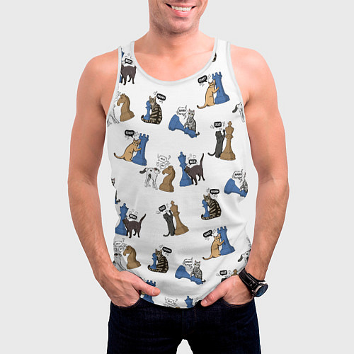 Мужская майка без рукавов Котики и шахматы белый / 3D-Белый – фото 3