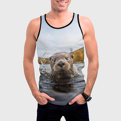 Мужская майка без рукавов Выдра смотрит из воды / 3D-Черный – фото 3