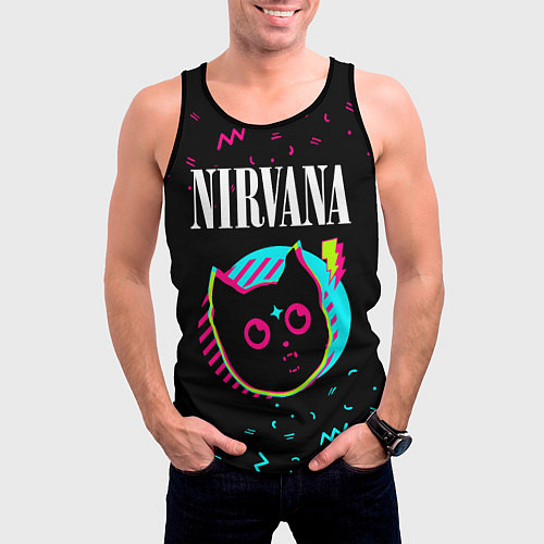 Мужская майка без рукавов Nirvana - rock star cat / 3D-Черный – фото 3