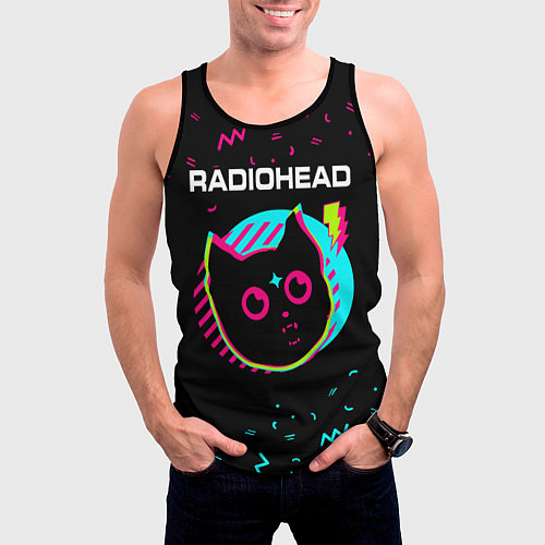 Мужская майка без рукавов Radiohead - rock star cat / 3D-Черный – фото 3