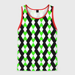 Майка-безрукавка мужская Зелёные и белые ромбы на чёрном фоне, цвет: 3D-красный