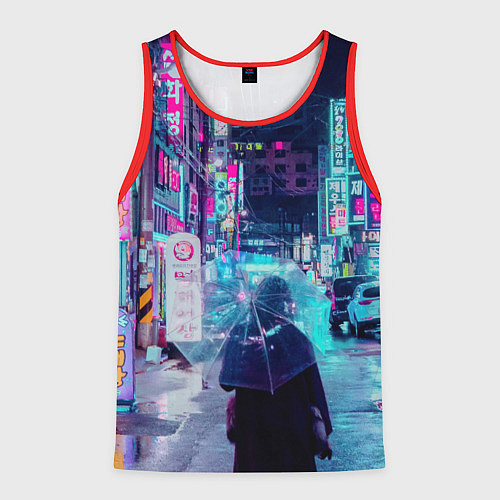Мужская майка без рукавов Дождливый неоновый вечер в Японии / 3D-Красный – фото 1