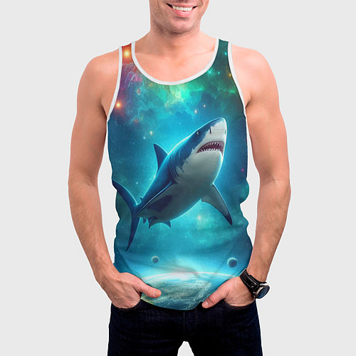 Мужская майка без рукавов Большая белая акула в космическом пространстве / 3D-Белый – фото 3