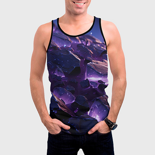 Мужская майка без рукавов Фиолетовые неоновые камни со светом / 3D-Черный – фото 3