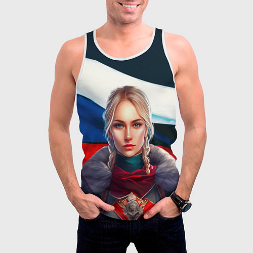 Мужская майка без рукавов Блондинка с косами - флаг России / 3D-Белый – фото 3