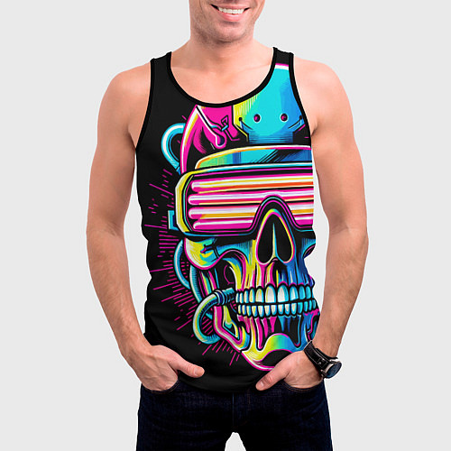 Мужская майка без рукавов Cyber skull - ai art neon / 3D-Черный – фото 3