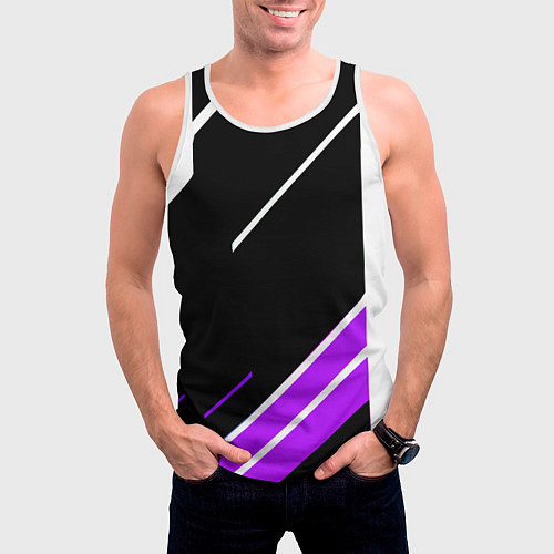 Мужская майка без рукавов Бело-фиолетовые полосы на чёрном фоне / 3D-Белый – фото 3
