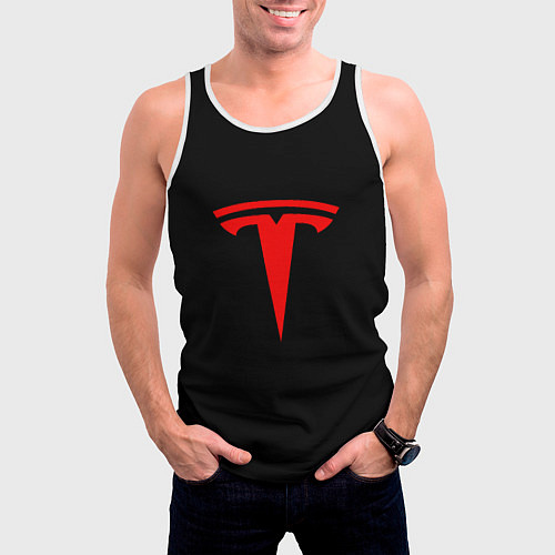 Мужская майка без рукавов Tesla red logo / 3D-Белый – фото 3