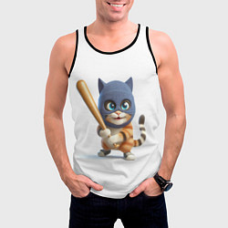 Майка-безрукавка мужская Прикольный котёнок с бейсбольной битой и в балакла, цвет: 3D-черный — фото 2