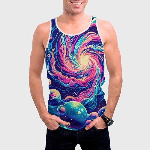 Мужская майка без рукавов Разноцветный бескрайний космос - нейросеть / 3D-Белый – фото 3