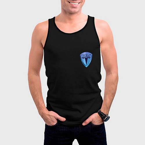 Мужская майка без рукавов Tesla logo neon / 3D-Черный – фото 3