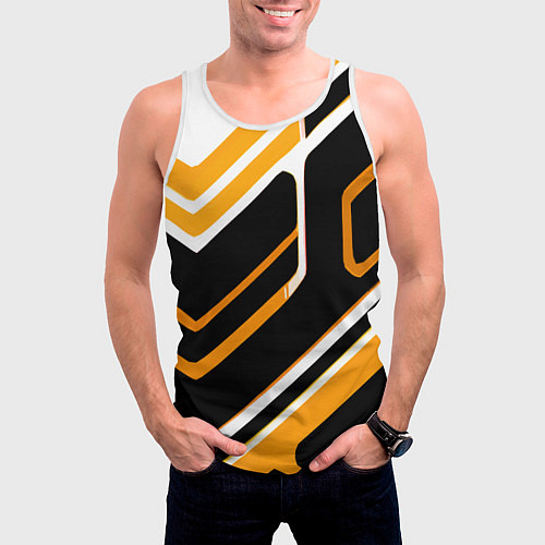 Мужская майка без рукавов Чёрно-жёлтые полосы на белом фоне / 3D-Белый – фото 3