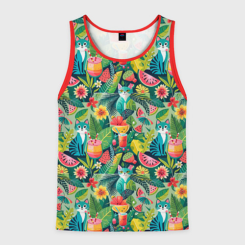 Мужская майка без рукавов Летние тропические котики с арбузным коктейлем / 3D-Красный – фото 1