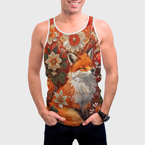 Мужская майка без рукавов Умилительный лисёнок в цветах / 3D-Белый – фото 3