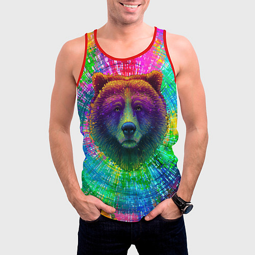 Мужская майка без рукавов Разноцветный неоновый медведь / 3D-Красный – фото 3