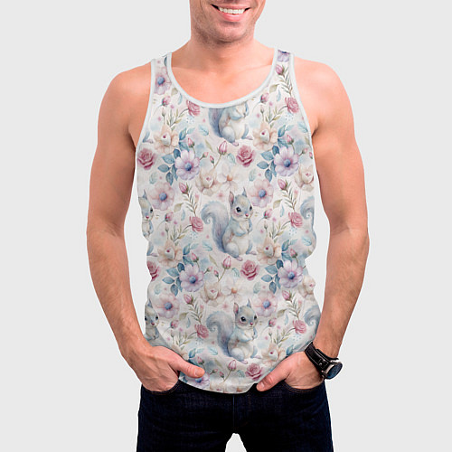 Мужская майка без рукавов Бельчонок в цветах / 3D-Белый – фото 3