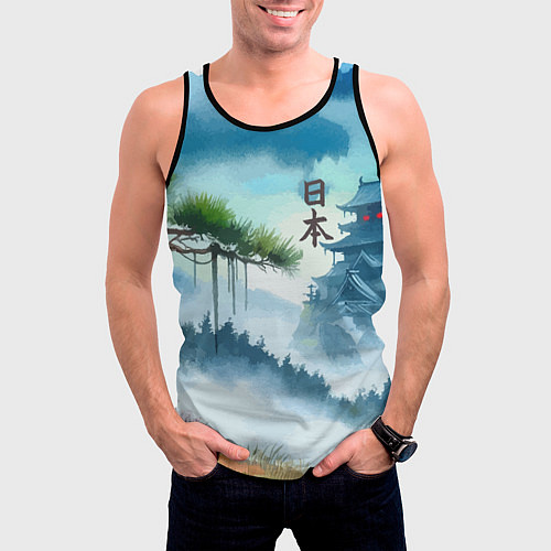 Мужская майка без рукавов Японский пейзаж - акварель живопись / 3D-Черный – фото 3