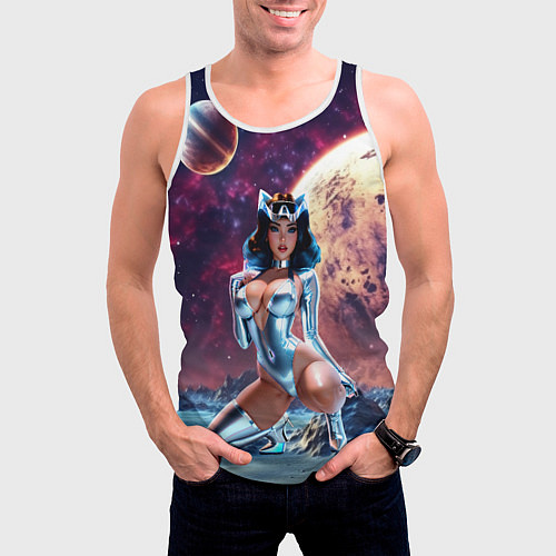 Мужская майка без рукавов Космическая девушка сидит на планете / 3D-Белый – фото 3