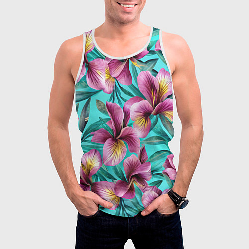 Мужская майка без рукавов Розовые ирисы лианы паттерн / 3D-Белый – фото 3
