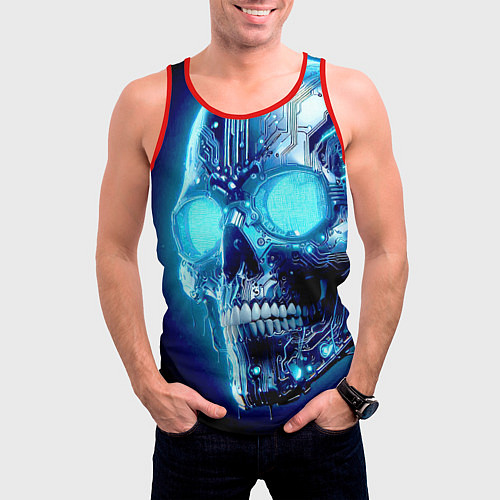 Мужская майка без рукавов Neon cyber skull - ai art / 3D-Красный – фото 3