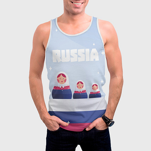 Мужская майка без рукавов Флаг России и матрешки / 3D-Белый – фото 3