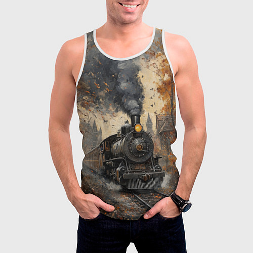 Мужская майка без рукавов Ретро иллюстрация с паровозом / 3D-Белый – фото 3