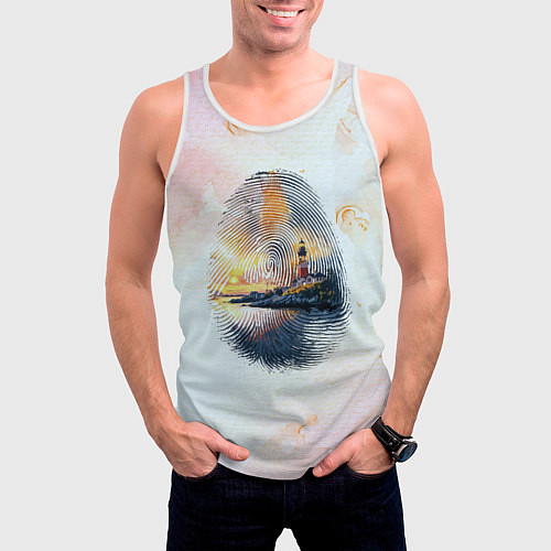 Мужская майка без рукавов Маяк у моря на закате в отпечатке пальца / 3D-Белый – фото 3