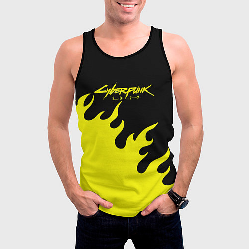 Мужская майка без рукавов Cyberpunk 2077 желтый fire / 3D-Черный – фото 3